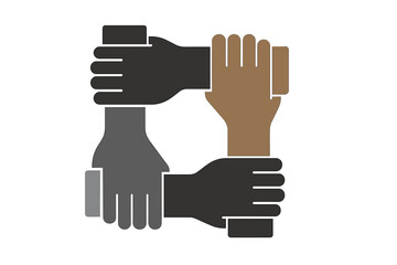 Four hands holding each other. Flat vector icon for racial equality, teamwork, diversity, and community. Symbol for charity, support, unity, partnership, and multiracial group.