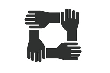 Teamwork and unity concept with four hands holding together. Vector icon for collaboration, community, and partnership. Symbol of support, charity, racial equality, and social help.