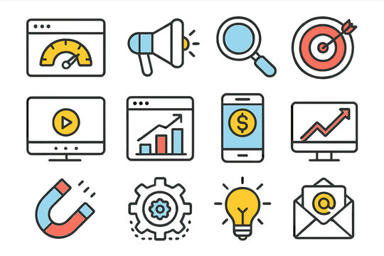Digital marketing and SEO linear icons set. Vector cartoon symbols for promotion, search, analytics, targeting, video, mobile commerce, email marketing, lead generation.