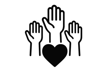 Obraz premium Volunteering raised hands charity icon with heart symbol, community service concept, helping hands, positive foundation support, social good, unity and care vector illustration