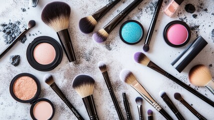 Makeup brushes and cosmetics laid out artistically on a light surface, ready for use.