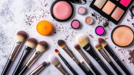 Makeup brushes and cosmetics laid out artistically on a light surface, ready for use.