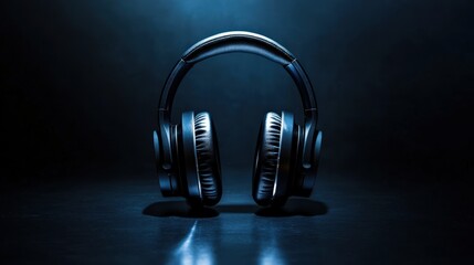 Noise-canceling headphones on a dark, reflective surface, representing sound, music, or technology.