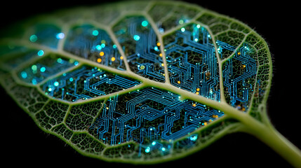 Futuristic Tech Leaf Innovation | Nature Meets Technology Concept | Green Energy Digital Circuit
