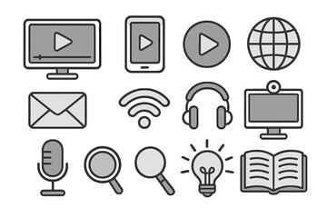 E-learning and digital media icon set. Minimal vector icons for technology, online education, communication, webinar, podcast, streaming, internet, and marketing business.