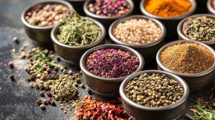 Spices or dried herbs arranged artistically, culinary ingredients.
