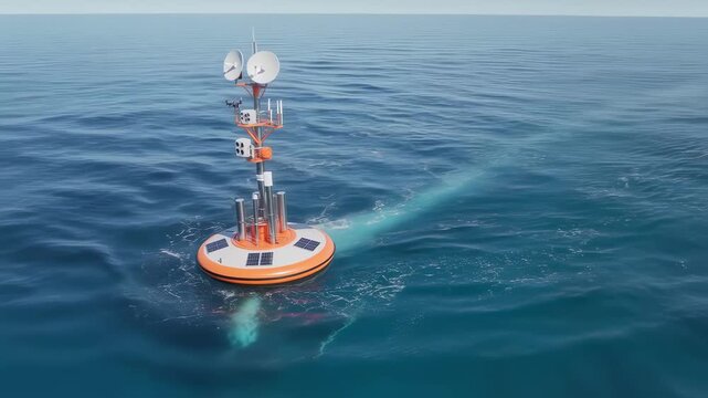 Drone perspective of a smart buoy system navigating ocean currents showcasing satellite communication antennas and sensor arrays for maritime monitoring.