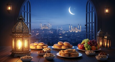 Ramadan Feast with Mosque and Lanterns.