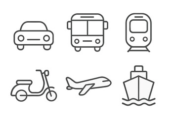 Transportation icon set. Minimalist linear style vector illustration. Car, bus, train, scooter, airplane, and ship vehicle symbols. Outline graphic for travel and public transport.