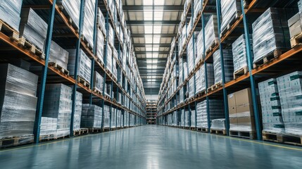 Stacks of industrial goods in a modern warehouse environment, ready for shipment.