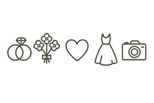 Minimalist wedding icon set. Vector line art of rings, flower bouquet, heart, bridal dress, camera. Symbols for marriage, love, ceremony, save the date invitation element.