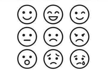 Set of linear emoji faces expressing different emotions. Vector cartoon illustration. Icon collection of emoticons for social media, feedback survey or mood reaction tracker.