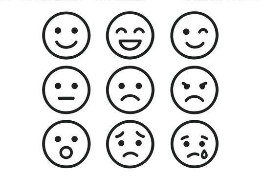Set of linear emoji faces expressing different emotions. Vector cartoon illustration. Icon collection of emoticons for social media, feedback survey or mood reaction tracker.