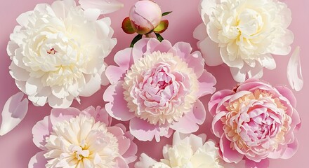 Elegant floral arrangement featuring peonies in pastel pink and white tones on monochromatic background