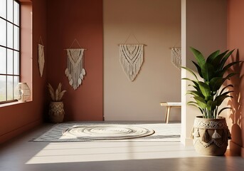 Elegant macrame wall art and tropical foliage interior space display
