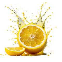 Lemon half with slice, juice explosion, isolated on black background