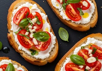 Fresh and Flavorful Bruschetta Topped with Creamy Cheese Tomatoes and Basil on Dark Surface
