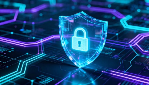 3D holographic shield with lock icon, cybersecurity defense visualization, glowing digital network background