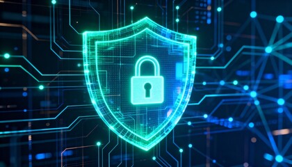 3D holographic shield with lock icon, cybersecurity defense visualization, glowing digital network background