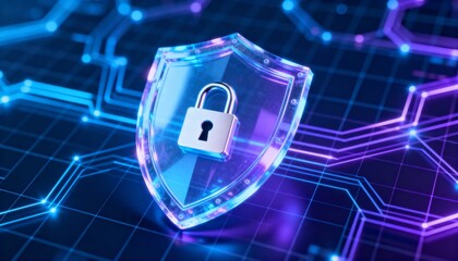 3D holographic shield with lock icon, cybersecurity defense visualization, glowing digital network background