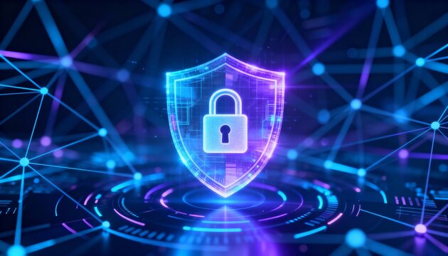3D holographic shield with lock icon, cybersecurity defense visualization, glowing digital network background - Powered by Adobe