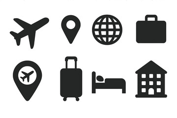 Travel icons set with minimalist black silhouette designs for flights, transport, and accommodations. Vector graphic symbols for vacation, tourism, and business concepts.