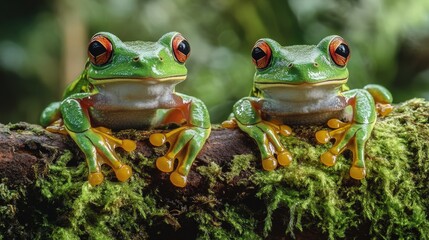 Two vibrant green tree frogs sitting perfectly camouflaged on a mossy branch.