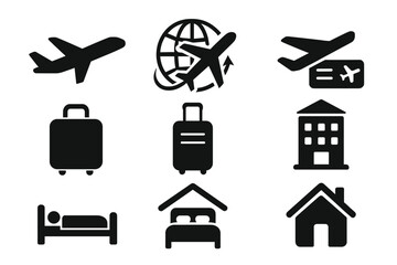 Travel icon set for booking app and web design. Vector glyphs for flight, hotel, accommodation. Airplane, luggage, and home symbols. Minimalist silhouette pictogram collection.