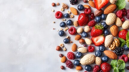 Various nuts and berries scattered, healthy snacks.