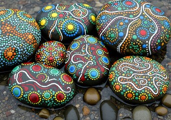 Hand-painted river stones with intricate dot patterns showcasing vibrant artistry and natural media for mindful