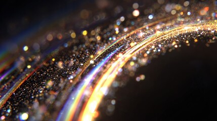 Golden streaks cascade, with sparkling, multicolored bokeh on a dark gradient backdrop