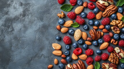 Various nuts and berries scattered on a textured surface, healthy snacks or ingredients.