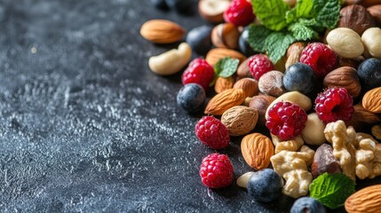 Various nuts and berries scattered on a textured surface, healthy snacks or ingredients.