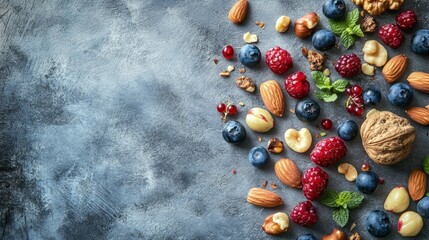 Various nuts and berries scattered on a textured surface, healthy snacks or ingredients.