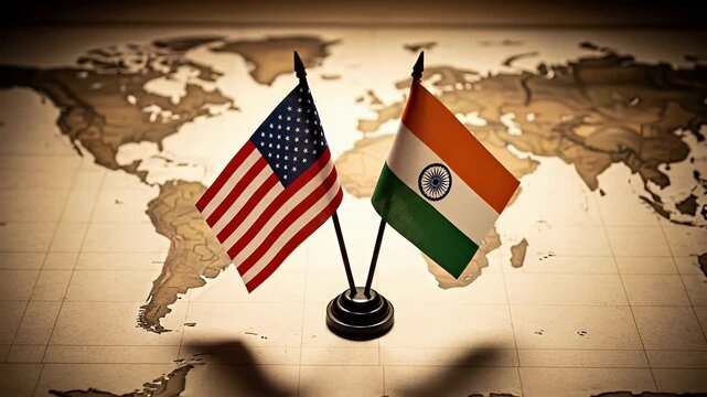 Flags of USA and India on a desk with an old world map symbolizing international relations and partnership.