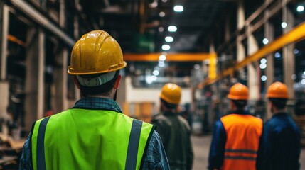 Workers on a factory floor wearing hard hats and safety vests, engaged in collaborative tasks.