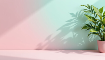 Vibrant indoor scene featuring lush green plant in pink pot against pastel mint gradient wall. soft shadows cast by plant create serene and calming atmosphere
