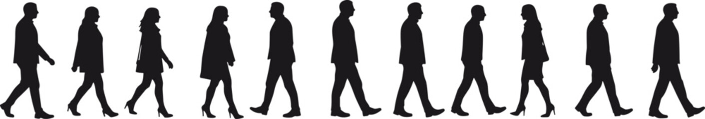 Silhouettes of business people walking in a row, men and women in formal clothes, office workers teamwork, professional group figures