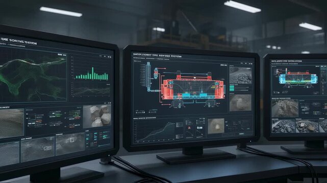 Closeup medium shot of monitors displaying realtime data from intelligent ore sorting equipment in an industrial setting.