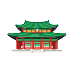 Fototapeta premium Illustration of a traditional Korean hanok architecture building with green roof and red pillars on a white background.