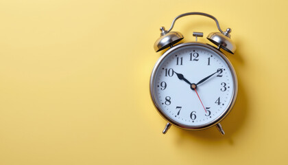 Classic alarm clock with white face and metallic frame, set against bright yellow background, evokes sense of nostalgia and punctuality