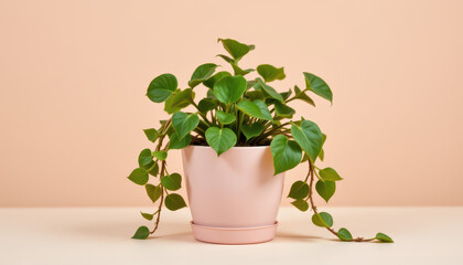 Beautiful green plant in pink pot, showcasing vibrant leaves cascading elegantly. soft background enhances freshness and tranquility of scene, perfect for home decor