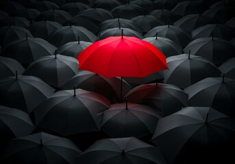 Striking image of a solitary red umbrella standing out among a crowd of black umbrellas