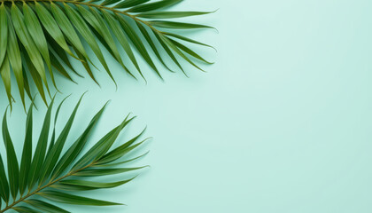 Lush green palm leaves create vibrant contrast against soft mint background, evoking sense of tropical tranquility and natural beauty
