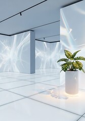 Minimalist interior with plant display and abstract light patterns in spacious gallery