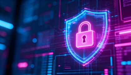 Cyber defense hologram, glowing padlock shield icon, futuristic data protection, neon digital design