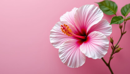 Vibrant hibiscus flower showcases delicate pink and white petals against soft pink background, exuding beauty and elegance. lush green leaves complement floral display, creating serene atmosphere