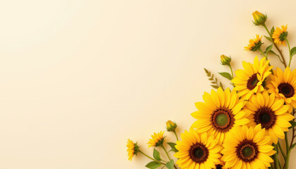 Bright and cheerful sunflower bouquet arranged beautifully on soft background, radiating warmth and positivity, perfect for celebrations or as decorative piece