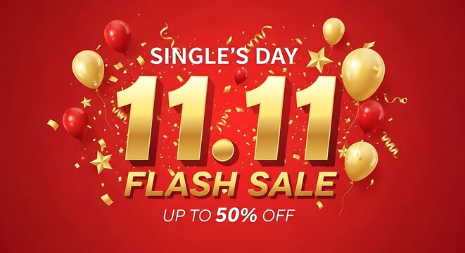 Singles Day 1111 Flash Sale Red and Gold Background.