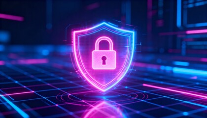 Cyber defense hologram, glowing padlock shield icon, futuristic data protection, neon digital design